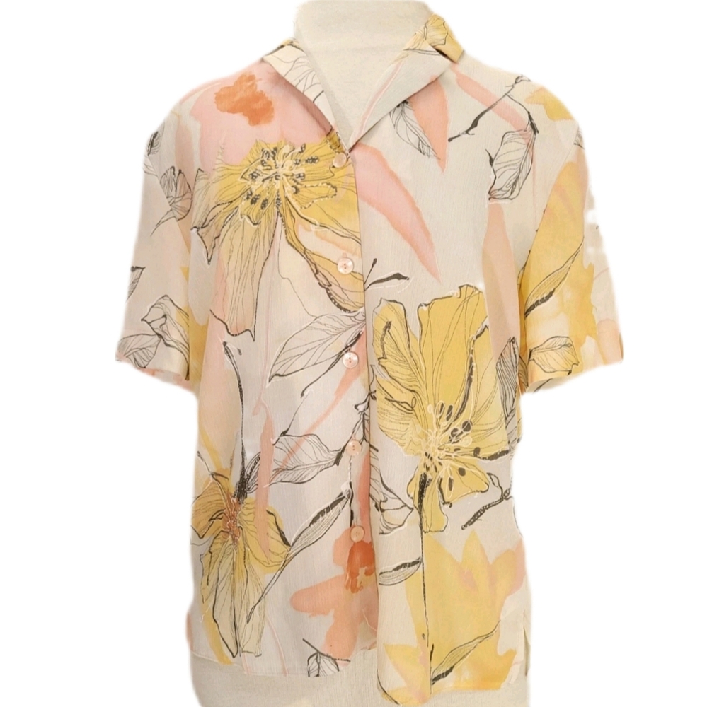 Life Style Womens L Blouse Top Floral Button Front Short Sleeve Semi-Sheer Vtg
